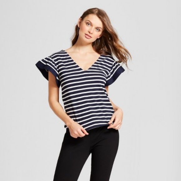 a new day Tops - NEW! Navy Blue & White Striped Ruffle-Sleeve Shirt